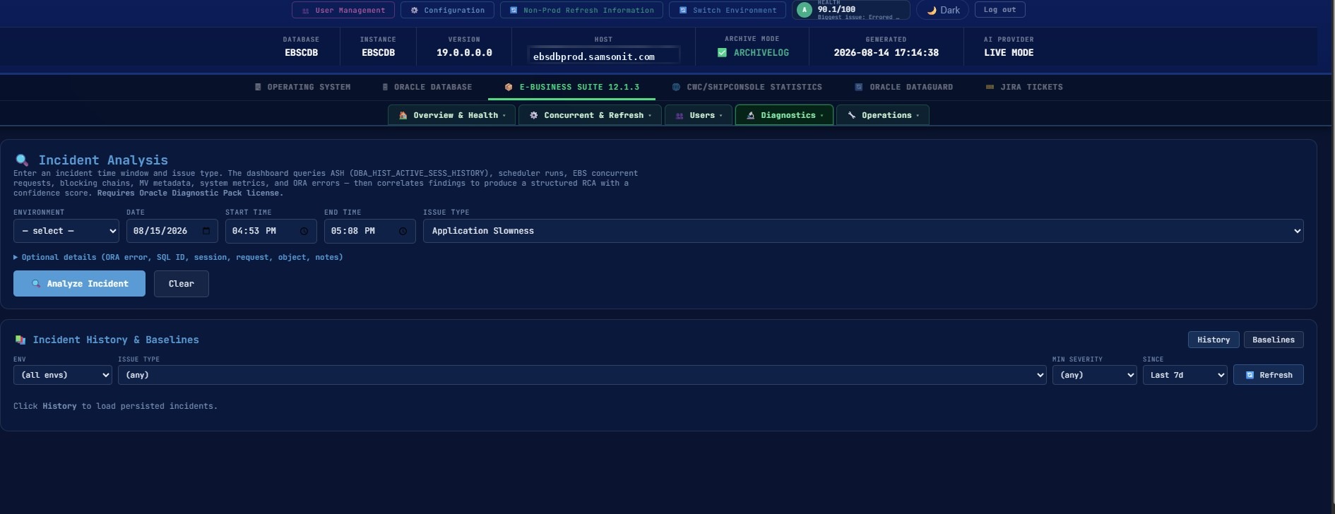 Incident Analysis form with environment, date, start time, end time, and issue type dropdowns, plus an 'Analyze Incident' button. Correlates ASH history, scheduler runs, EBS concurrent requests, blocking chains, MV metadata, system metrics, and ORA errors to produce a structured RCA with confidence score.