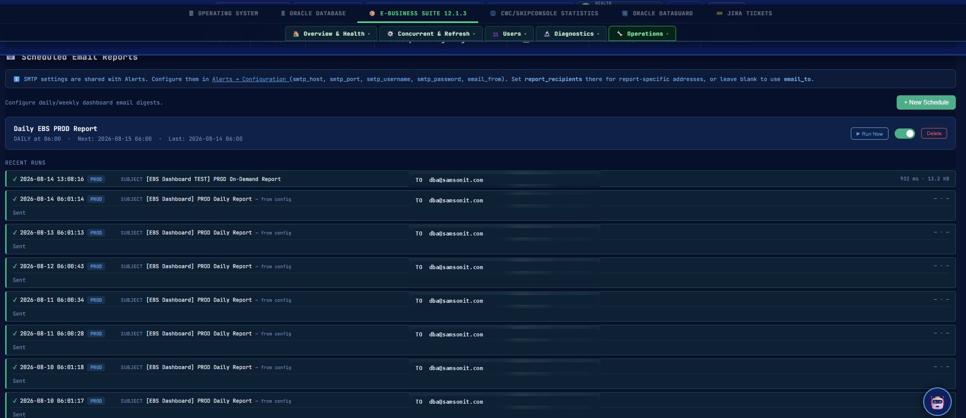 Scheduled report delivery log showing time, environment pill, subject line, recipients preview, duration, and byte size for each recent run